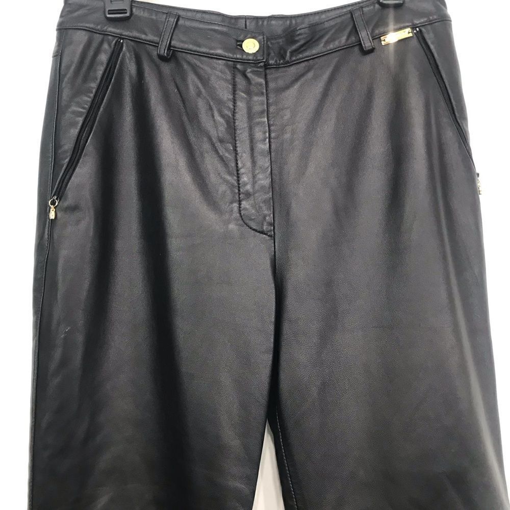 St. John Sport Black 100% Leather Straight Leg Zip Pocket Ankle Pants - Picture 3 of 16